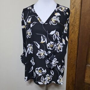 Maurices Black White Yellow Floral Faux Zip Pockets Lightweight Blouse Size XL